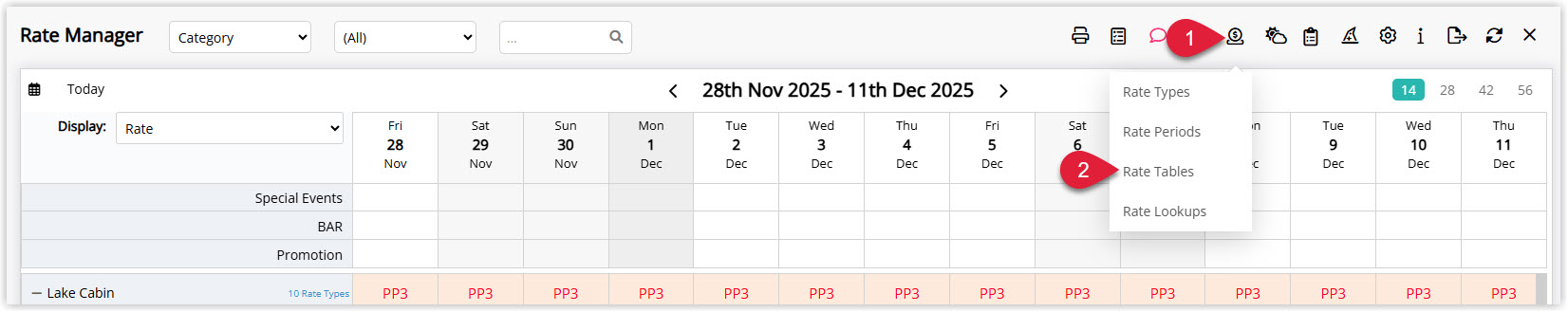 Annotated screenshot of the Rate Manager screen in RMS highlighting the Rates icon and Rate Tables menu option