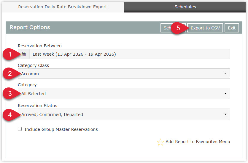 Annotated screenshot of the Reservation Daily Rate Breakdown Export report options panel in RMS, with numbered markers on the Reservation Between, Category Class, Category and Reservation Status fields and the Export to CSV button
