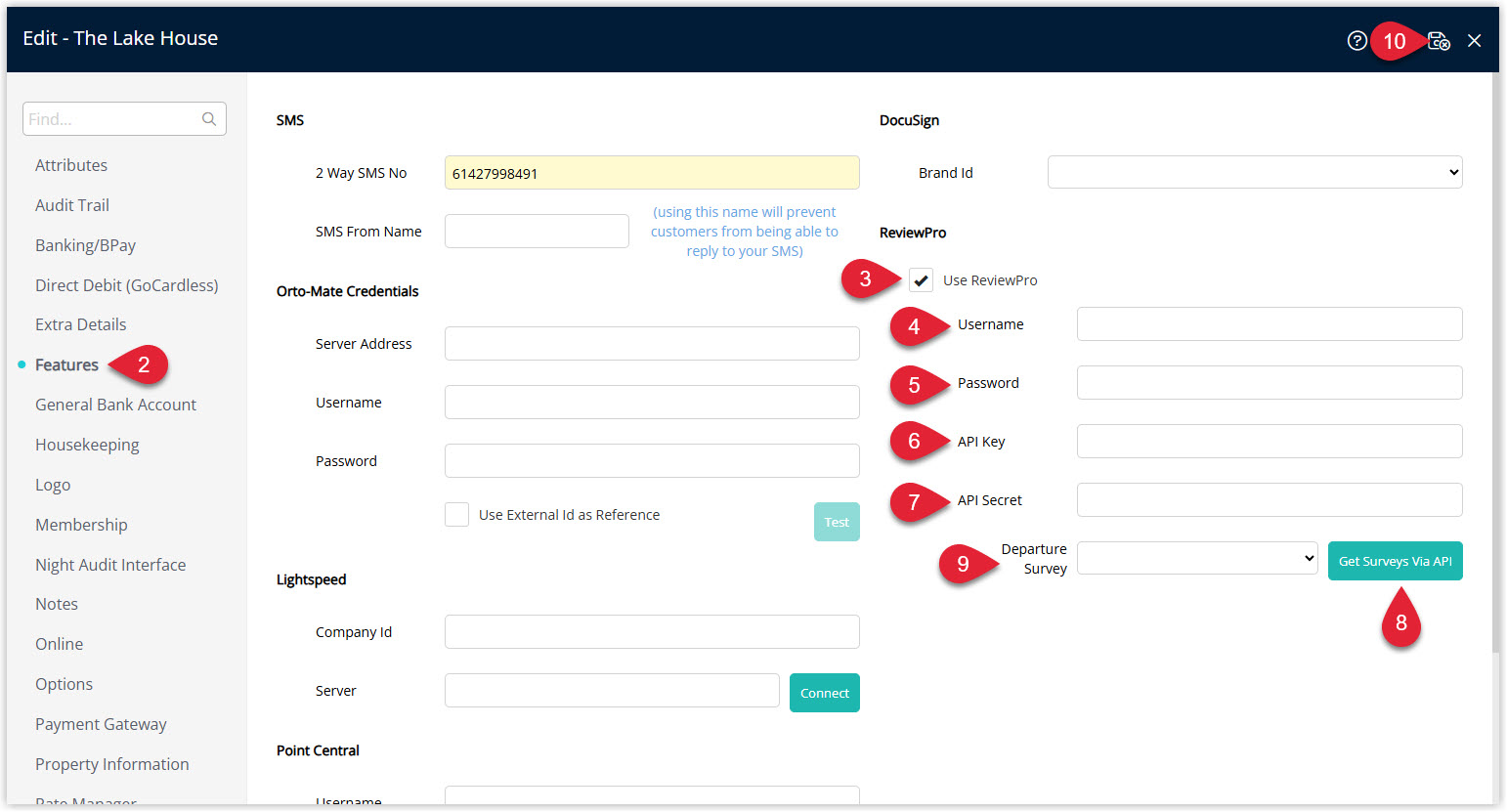 Annotated screenshot of the Edit Property Features screen in RMS highlighting the ReviewPro configuration fields including Use ReviewPro, Username, Password, API Key, API Secret and Departure Survey