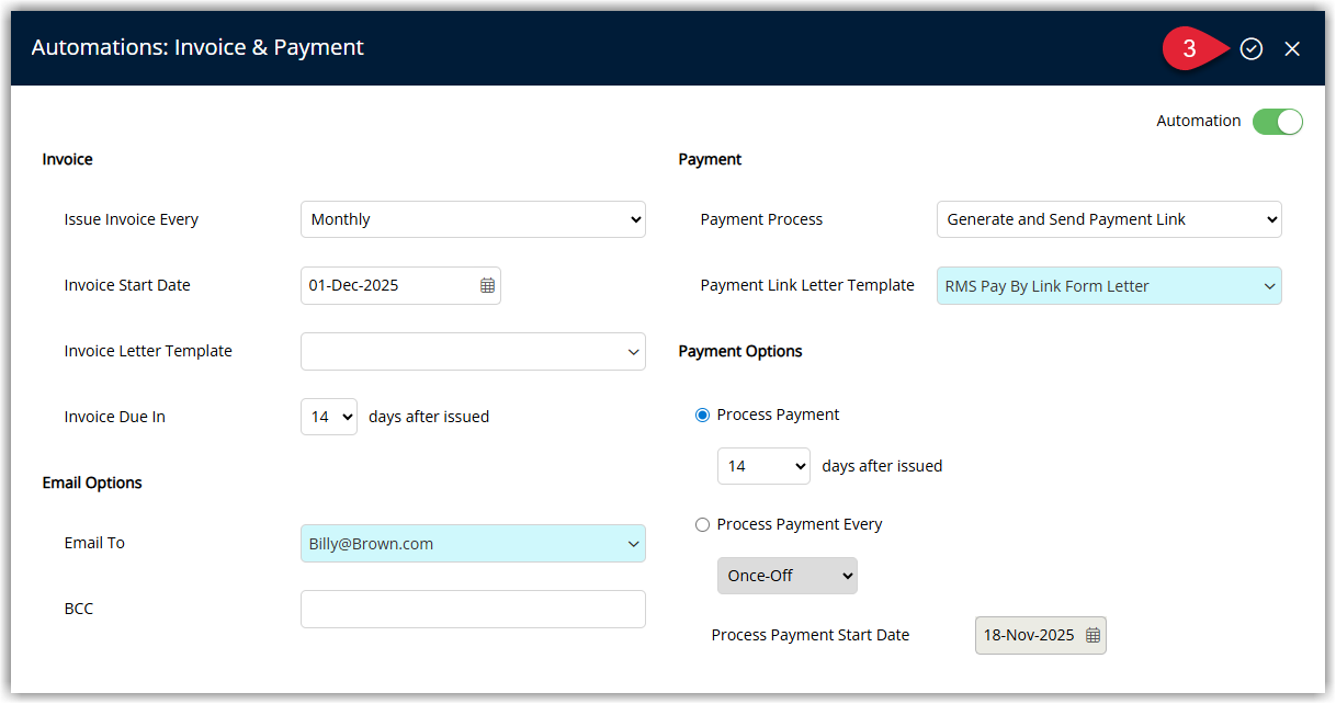 Invoice and Payment Automation screen showing completed invoice and payment settings with the Save Exit button highlighted.