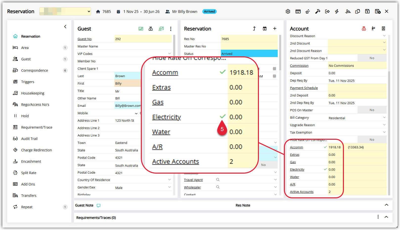 Reservation list view displaying multiple reservations with a green tick icon in the Account column for those with active invoice and payment automations.