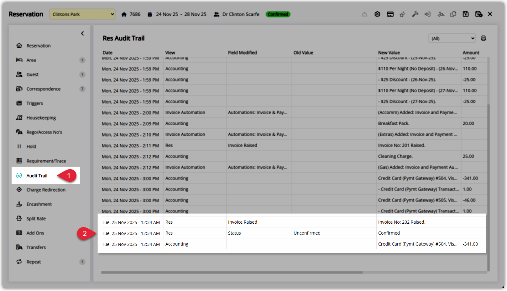 Reservation Audit Trail tab listing events related to automated invoices and payments including creation changes pauses and resumes with timestamps and user names.