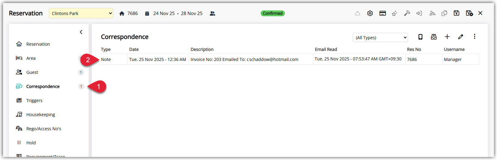 Reservation Correspondence tab showing entries for emails sent by automated invoicing and payments including subject date time and delivery method.