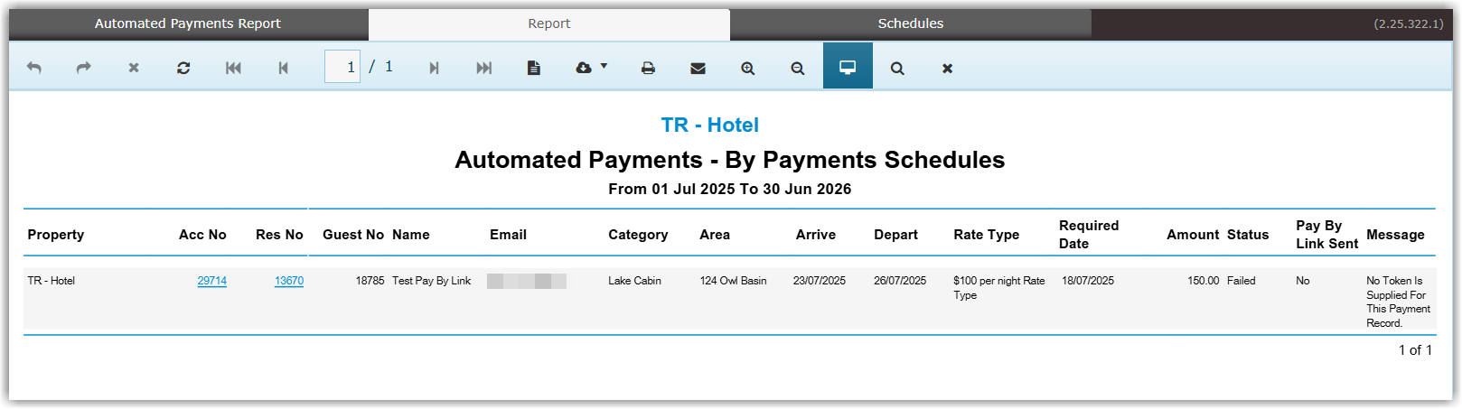 Automated Payments Report in RMS displaying a table of past present and future scheduled payments with blue underlined account and reservation numbers that can be clicked to open related records.