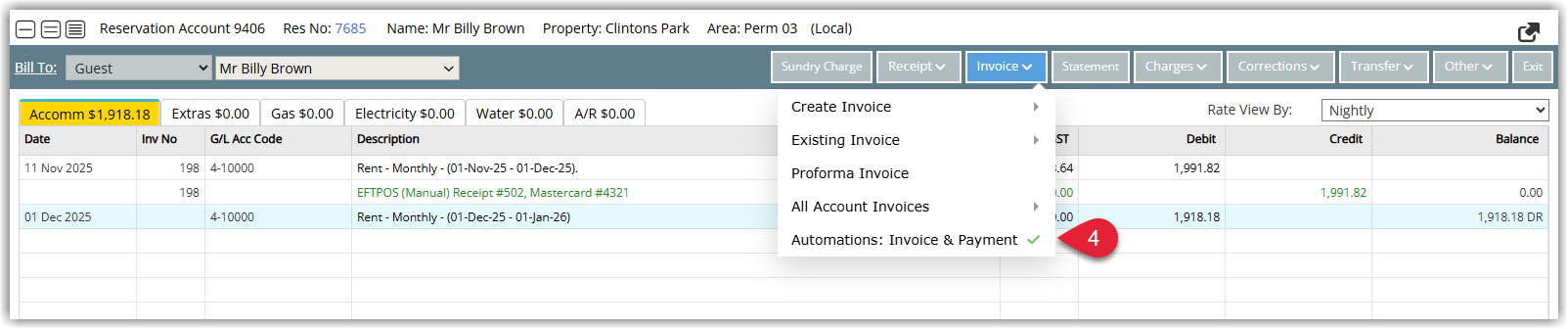 Reservation account toolbar showing the Invoice button with a green tick icon indicating an active invoice and payment automation on that account.