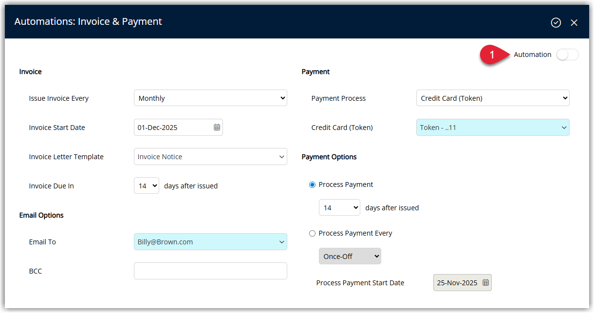 Invoice and Payment Automation panel showing the Automation toggle switched off greyed out to indicate the automation is paused or deactivated.