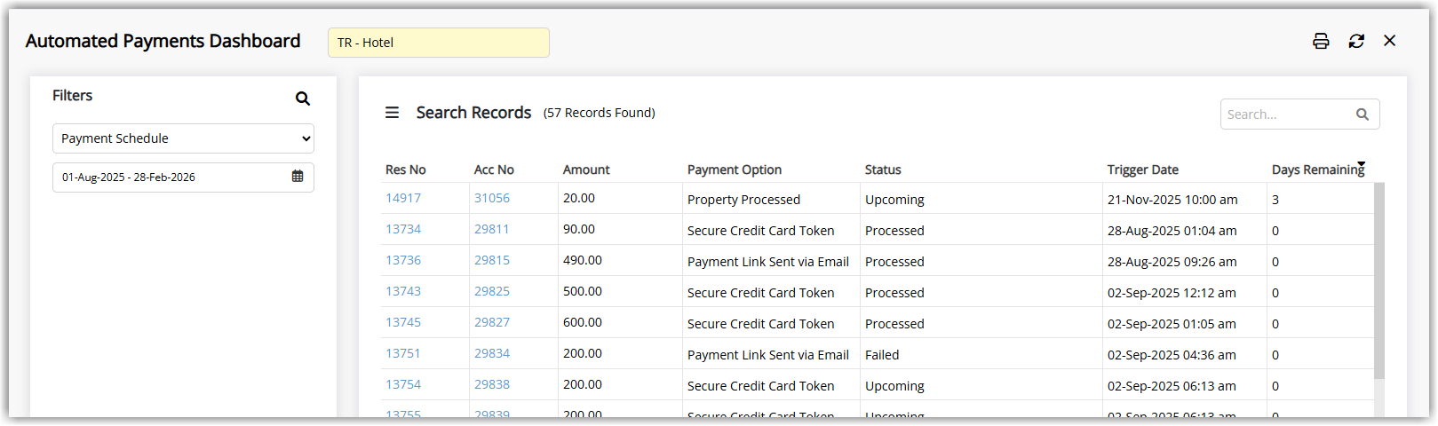 Automated Payments Dashboard showing filters for property date range payment method and status at the top and a grid of scheduled payments with columns for account number reservation number guest name amount automation status and trigger date.