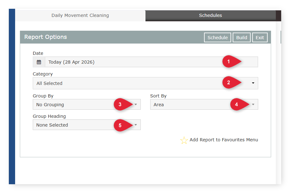 Screenshot of the Daily Movement Cleaning Report Options panel in RMS showing numbered step markers next to the Date, Category, Group By, Sort By and Group Heading fields.