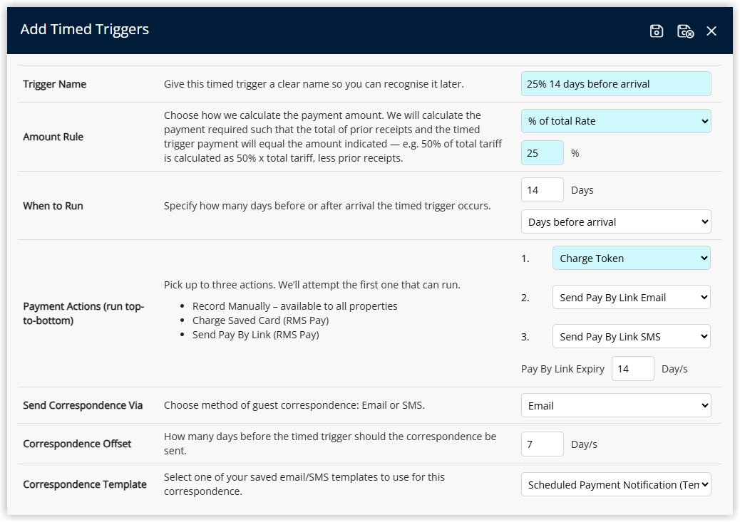 Timed Trigger configuration window showing fields for label method percentage of total charges days before arrival payment options correspondence method trigger offset and correspondence template.