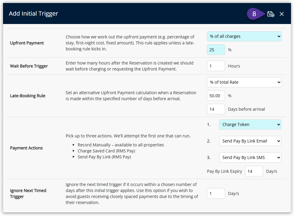 Payment Schedule Template Triggers tab now listing the Initial Trigger with its description timing and payment method, and the Save Exit button highlighted.