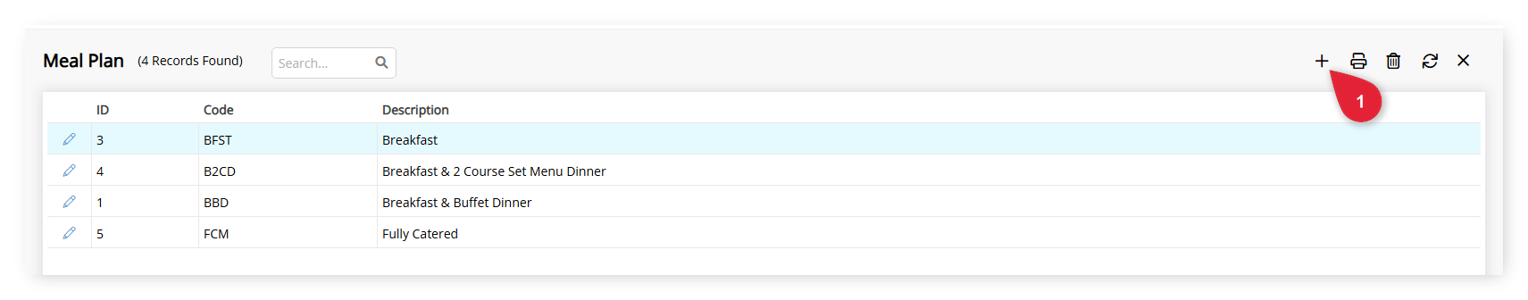 Screenshot of the Meal Plan lookup table screen in RMS showing existing Meal Plans listed with ID, Code, and Description columns and the Add icon highlighted to create a new Meal Plan.