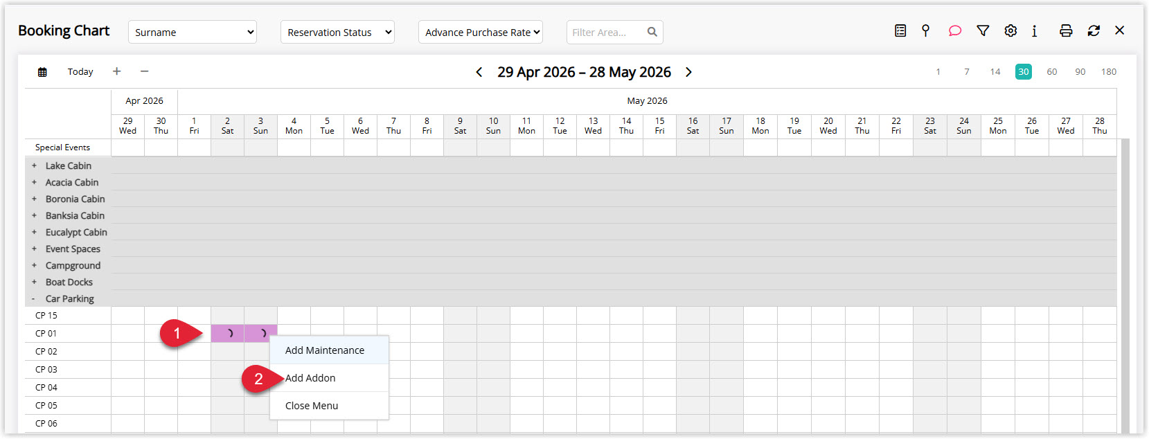 Annotated screenshot of the Booking Chart in RMS highlighting a reservation and the right-click menu with the Add Addon option