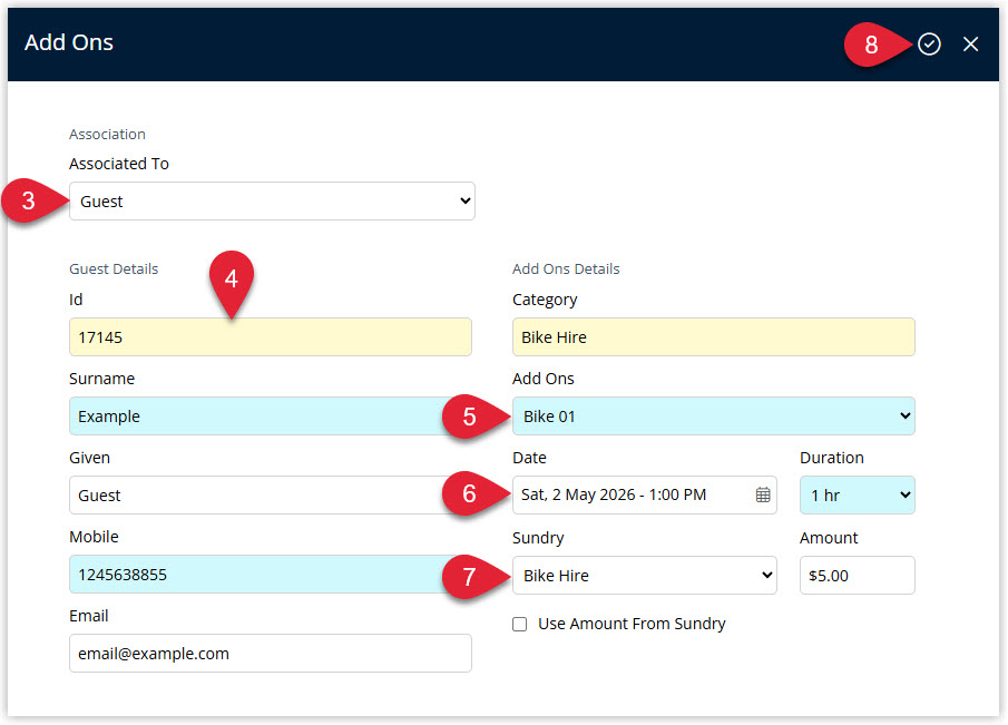 Annotated screenshot of the Add Ons window in RMS highlighting the Associated To, Guest Details, Category, Add Ons, Date, Duration, Sundry and Amount fields and the save icon