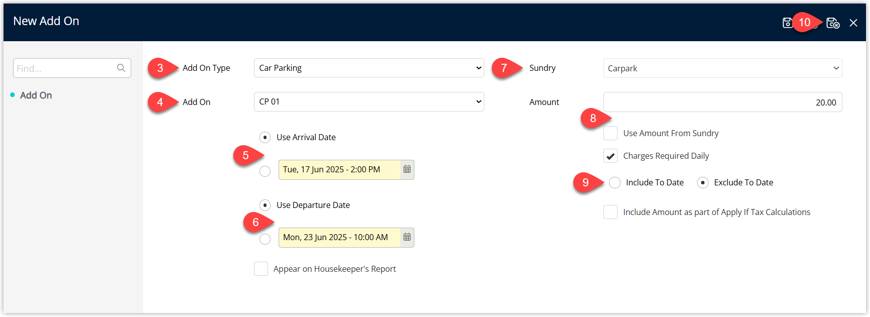 Screenshot of the Add On setup window in RMS showing fields for Add On Type, specific Add On, From and To dates, optional “Appear on Housekeepers Report” checkbox, Add On Sundry Charge selection, Amount or Use Amount from Sundry checkbox, optional “Charges Required Daily” and Include/Exclude To Date options, with a Save/Exit button to add the item to the reservation.