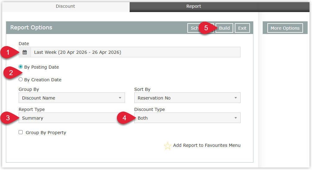 Annotated screenshot of the Discount report options in RMS showing the date range, Group By, Sort By, Report Type, and Discount Type fields with the Build button highlighted