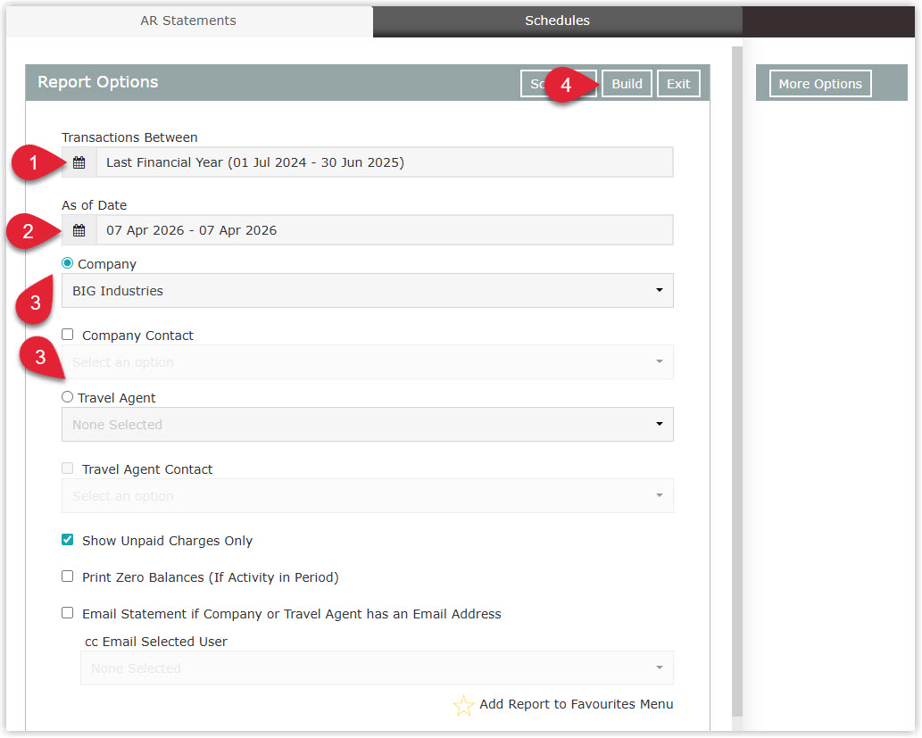 AR Statements Report build screen in RMS showing filters for Transactions Between date range, As of Date, Company and Travel Agent filters, Show Unpaid Charges Only, Email Statement options and the Build button.