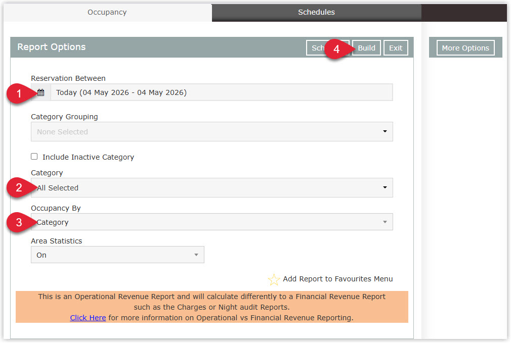 Screenshot of the Occupancy Report Options panel in RMS showing the Reservation Between, Category, Occupancy By, and Area Statistics fields with a Build button
