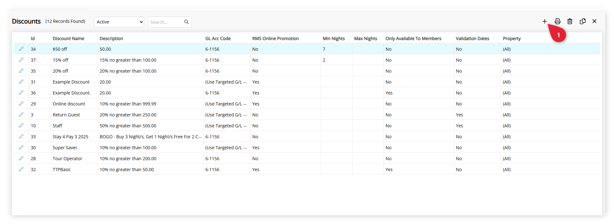 Screenshot of the Discounts setup screen in RMS showing a list of existing discounts with the Add (plus) button highlighted in the top right toolbar.