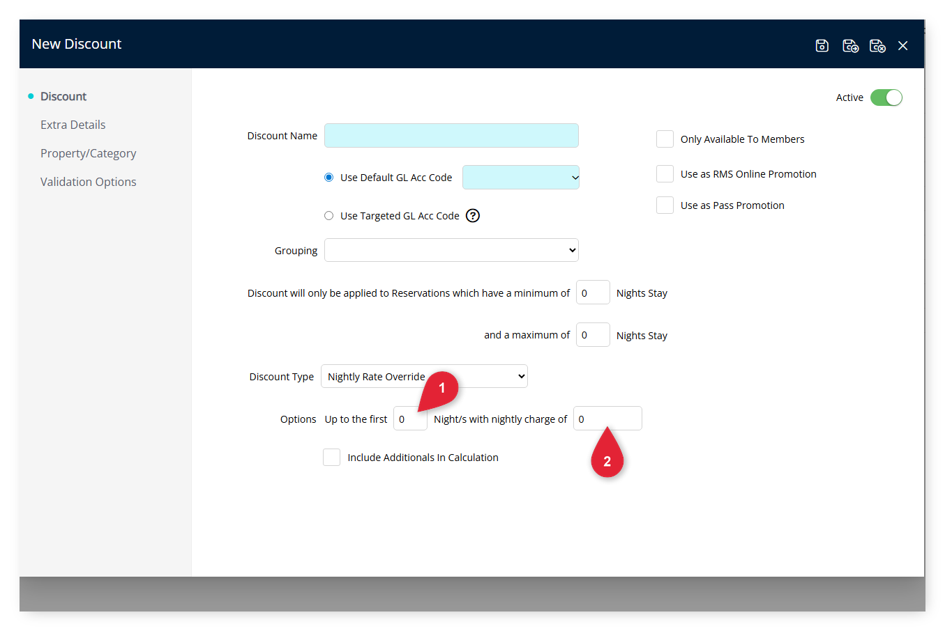 Screenshot of the New Discount panel in RMS showing the Discount Type set to Nightly Rate Override, with step markers on the Up to the first Nights field and the Night/s with nightly charge of field.
