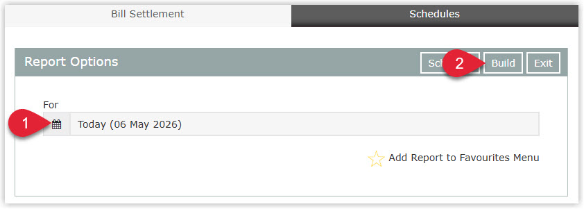 Annotated screenshot of the Bill Settlement Report options in RMS with the For date field and the Build button highlighted