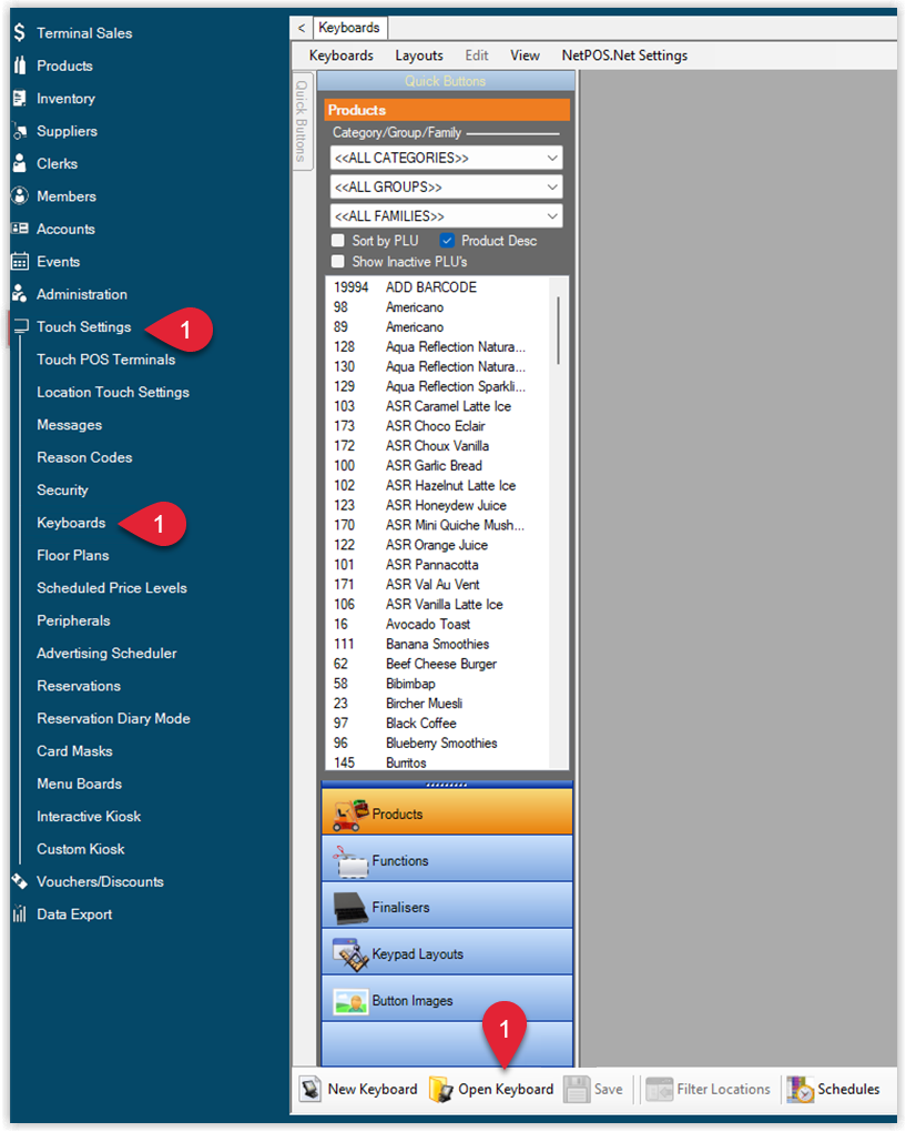 Annotated screenshot of the RMS POS Keyboards screen. Step marker 1 points to Touch Settings in the left navigation, Keyboards under Touch Settings, and the Open Keyboard button at the bottom of the screen.