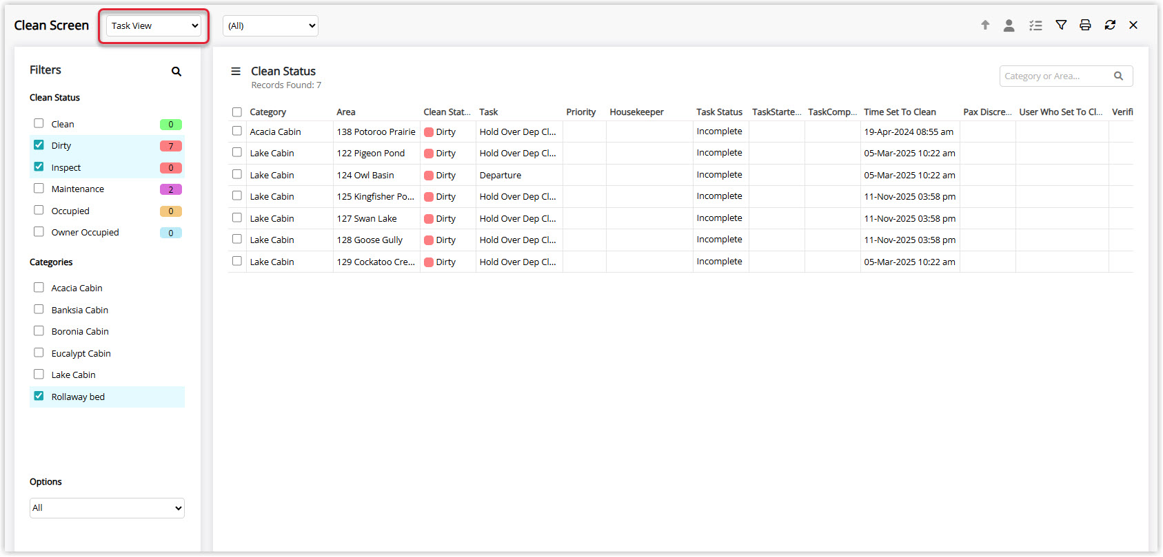 Annotated screenshot of the Clean Screen in RMS highlighting the Task View and Area View display dropdown