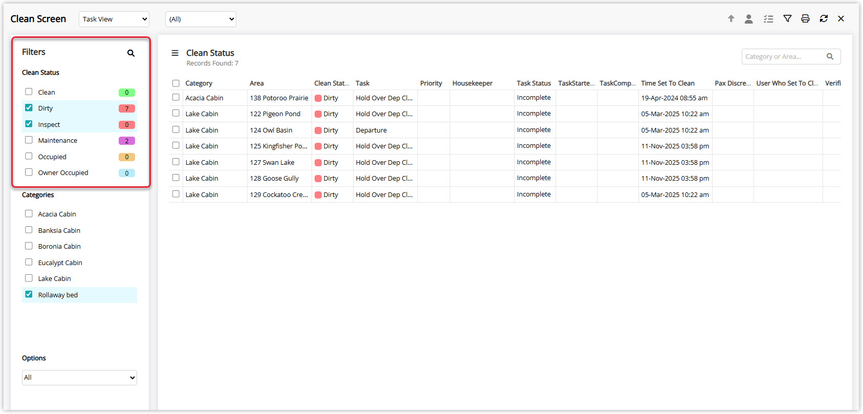 Annotated screenshot of the Clean Screen in RMS highlighting the Filters panel