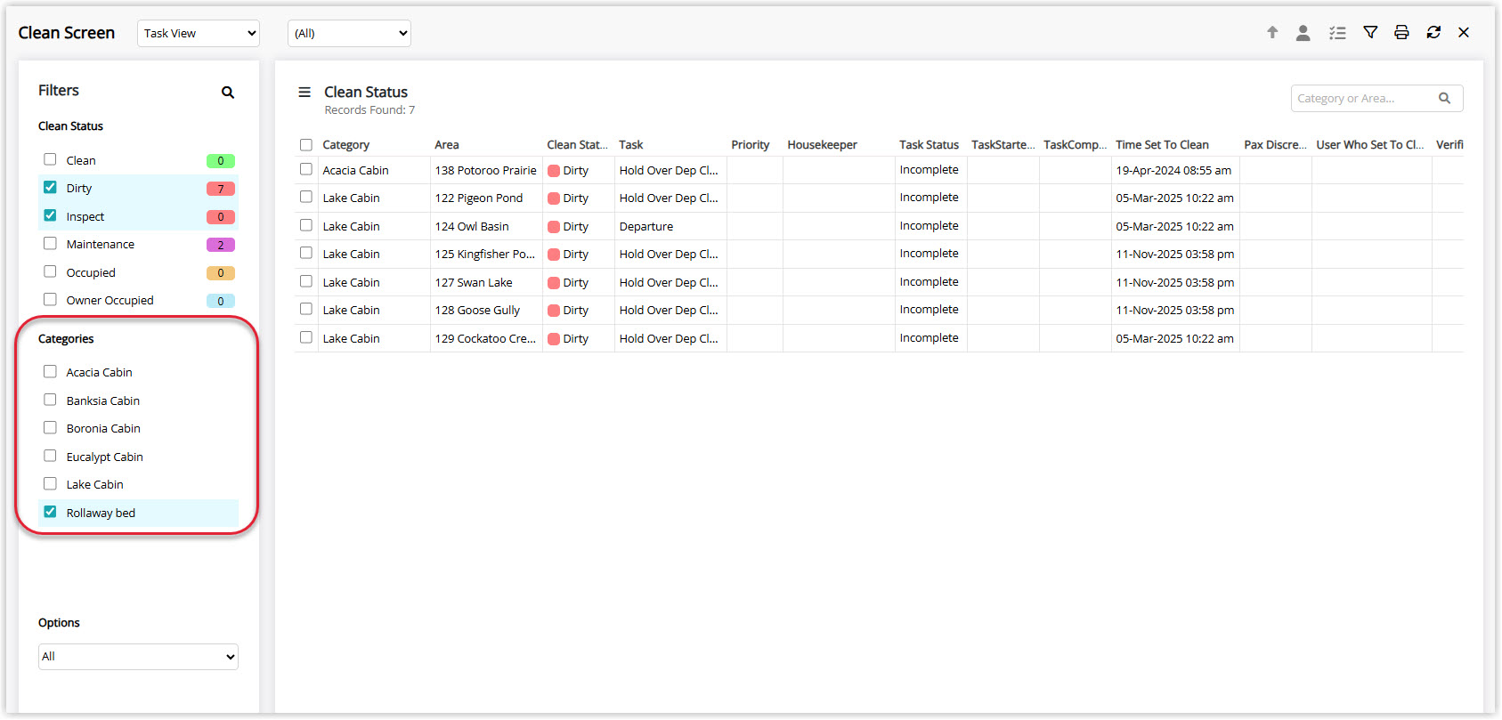 Annotated screenshot of the Clean Screen in RMS highlighting the Categories filter