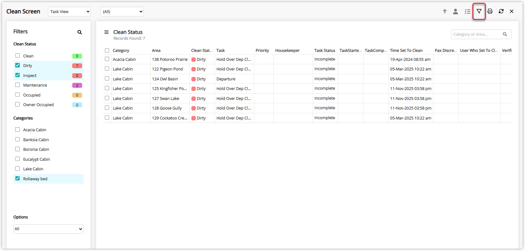 Annotated screenshot of the Clean Screen in RMS highlighting the attributes filter icon