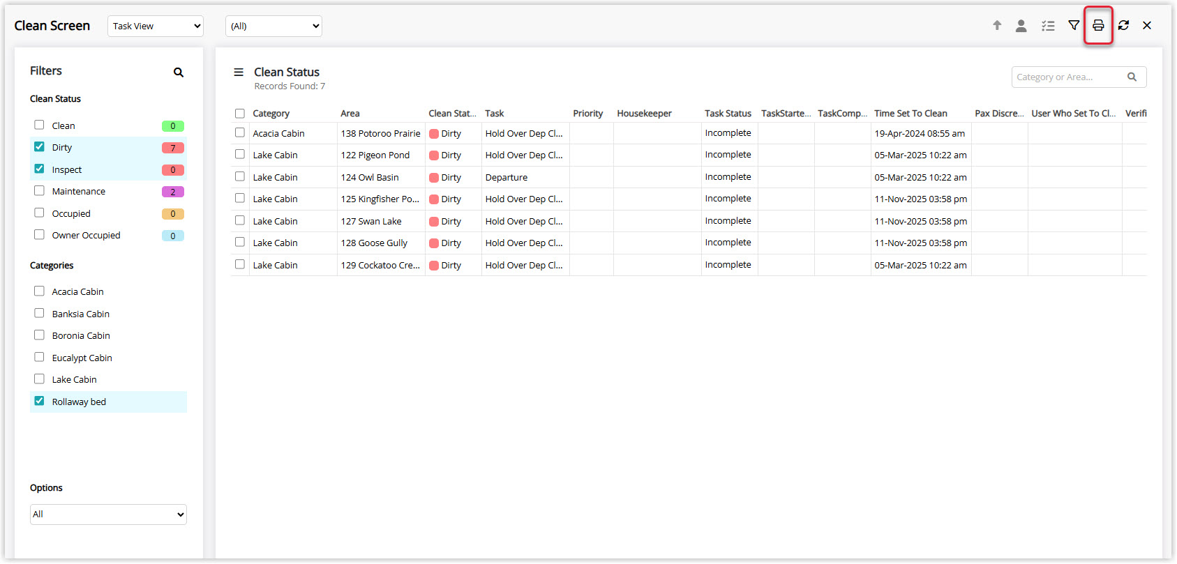 Annotated screenshot of the Clean Screen in RMS highlighting the print icon