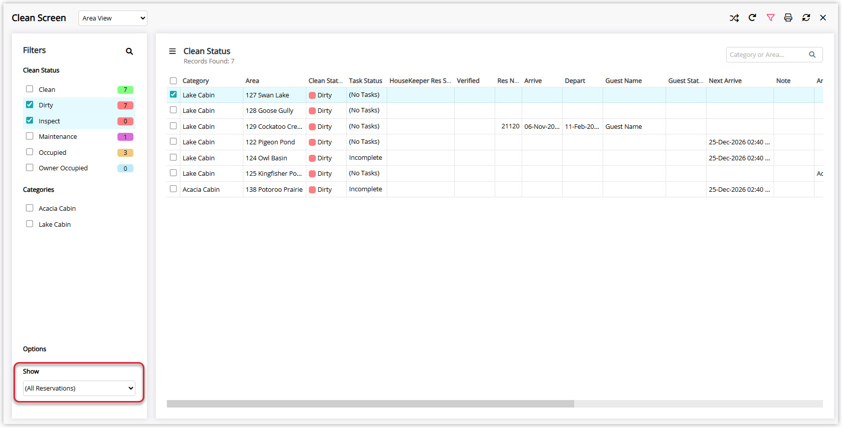 Annotated screenshot of the Clean Screen in RMS highlighting the Show options dropdown