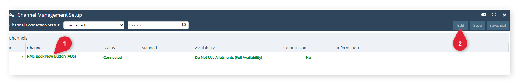 Screenshot of the Channel Management Setup screen in RMS showing a channel row selected and the Edit button in the top toolbar.