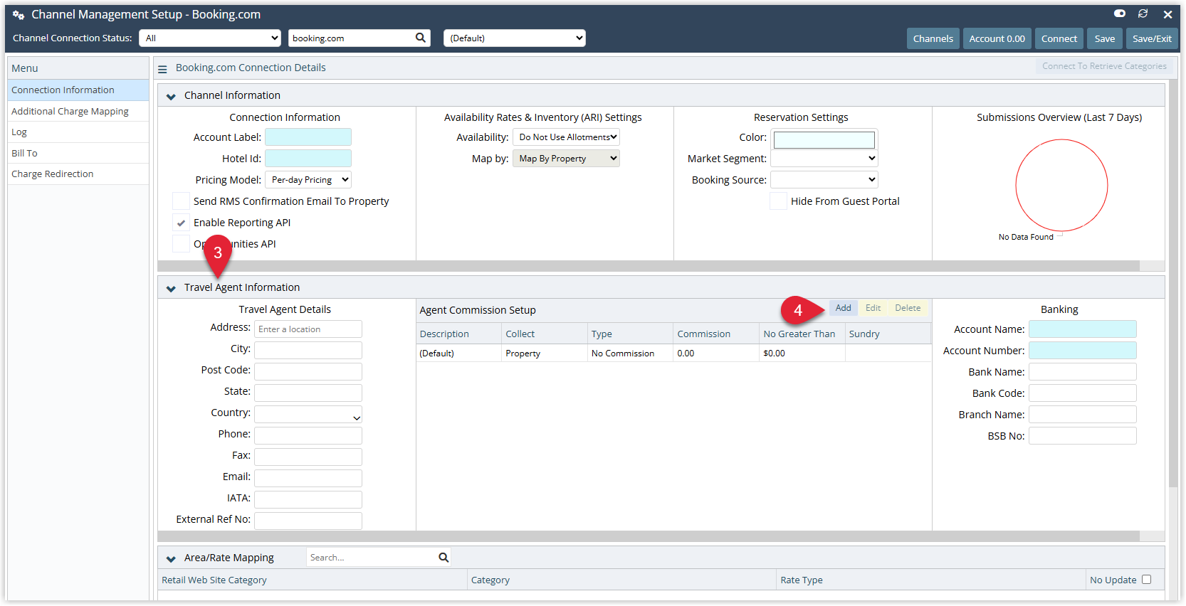 Annotated screenshot of the Channel Management Setup Booking.com screen in RMS showing the Travel Agent Information and Agent Commission Setup with the Add button highlighted