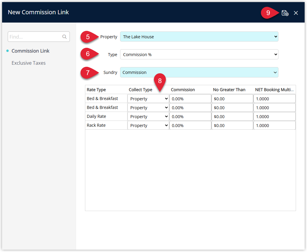 Annotated screenshot of the New Commission Link screen in RMS showing the Property, Type, and Sundry selectors and the per-rate-type commission table with the save button highlighted