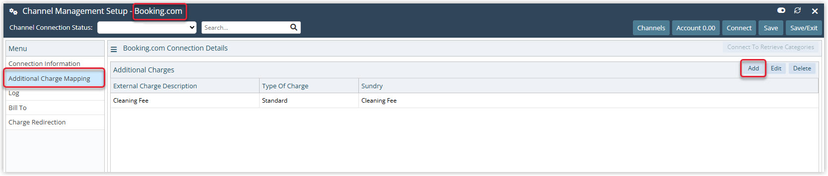 Annotated screenshot of the Channel Management Setup Booking.com Additional Charge Mapping screen in RMS showing a Cleaning Fee mapping with the Add button highlighted