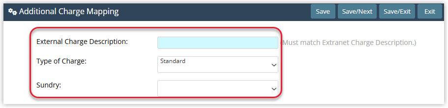 Annotated screenshot of the Additional Charge Mapping form in RMS showing the External Charge Description, Type of Charge, and Sundry fields