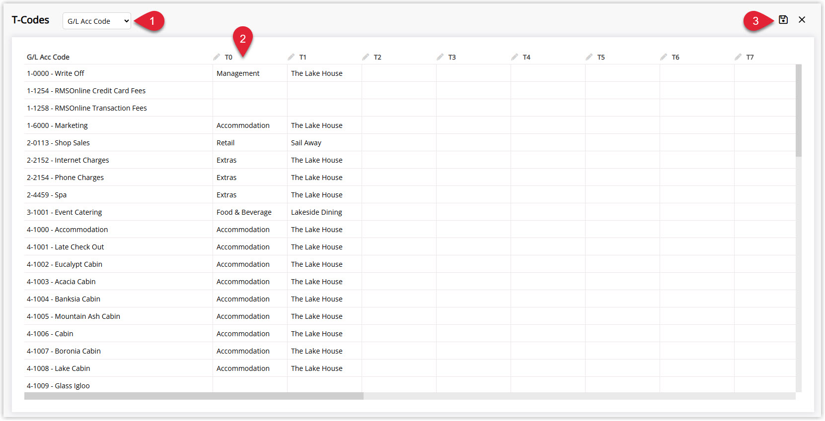 Annotated screenshot of the T-Codes screen in RMS showing G/L account codes mapped to tracking dimension columns