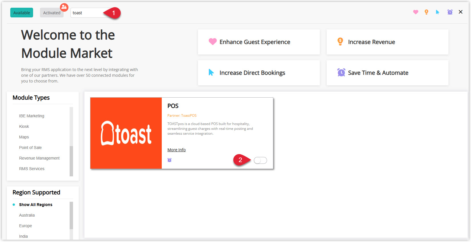 Annotated screenshot of the Module Market in RMS with the ToastPOS module and its activation toggle highlighted
