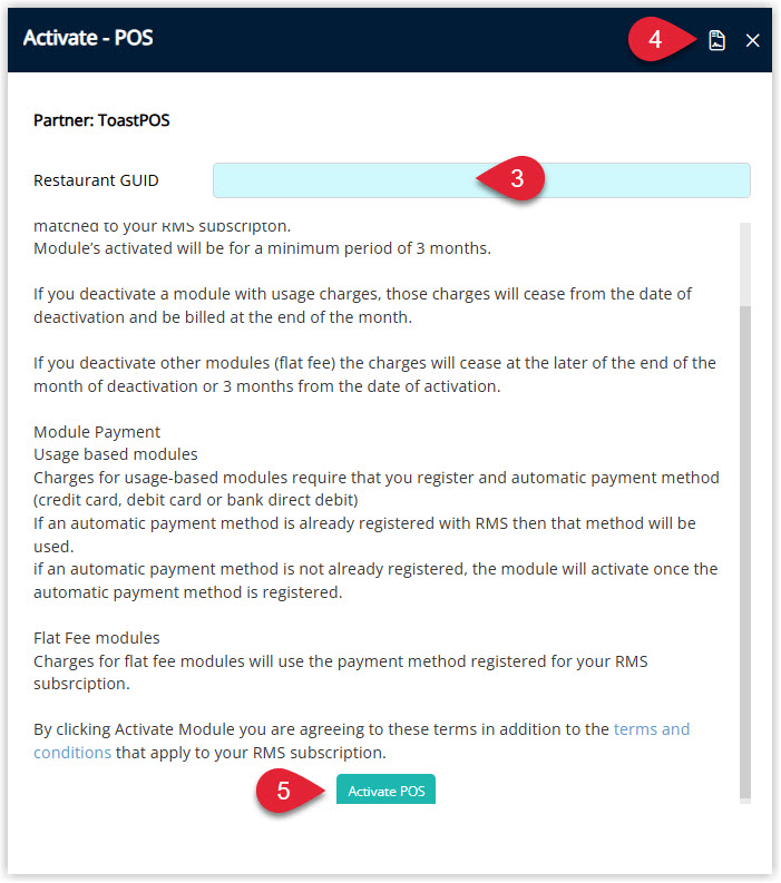 Annotated screenshot of the Activate POS dialog in RMS showing the Restaurant GUID field and the Activate POS button
