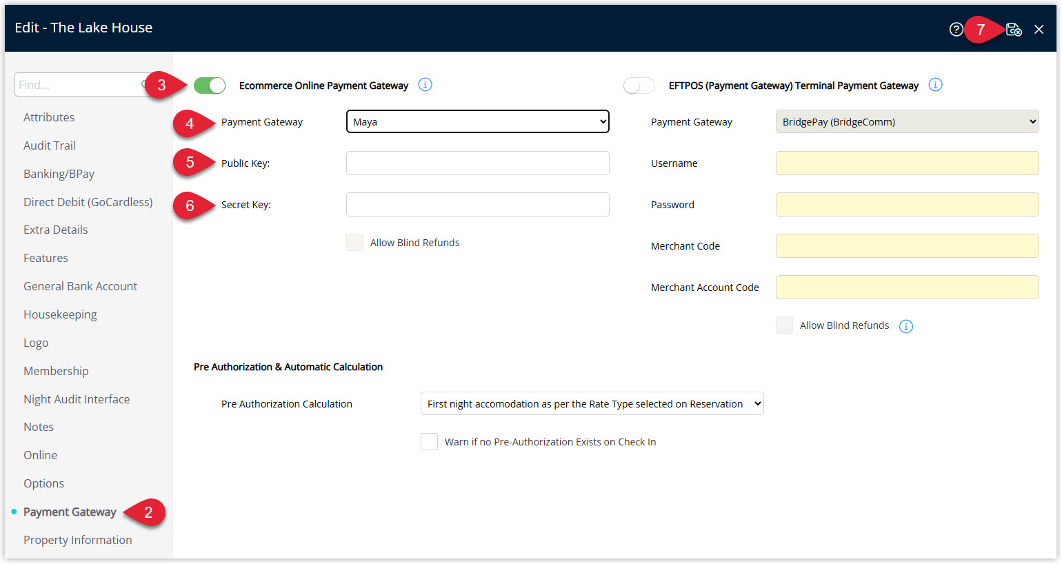 Annotated screenshot of the Property Information Payment Gateway tab in RMS showing the Ecommerce Online Payment Gateway enabled with Maya selected and the Public Key and Secret Key fields