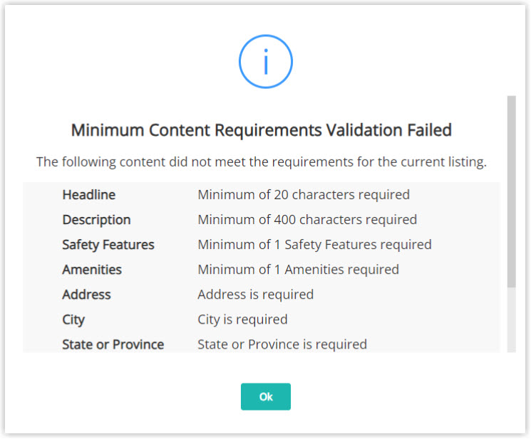 Screenshot of the Minimum Content Requirements Validation Failed dialog in RMS listing the VRBO listing content fields that did not meet the minimum requirements