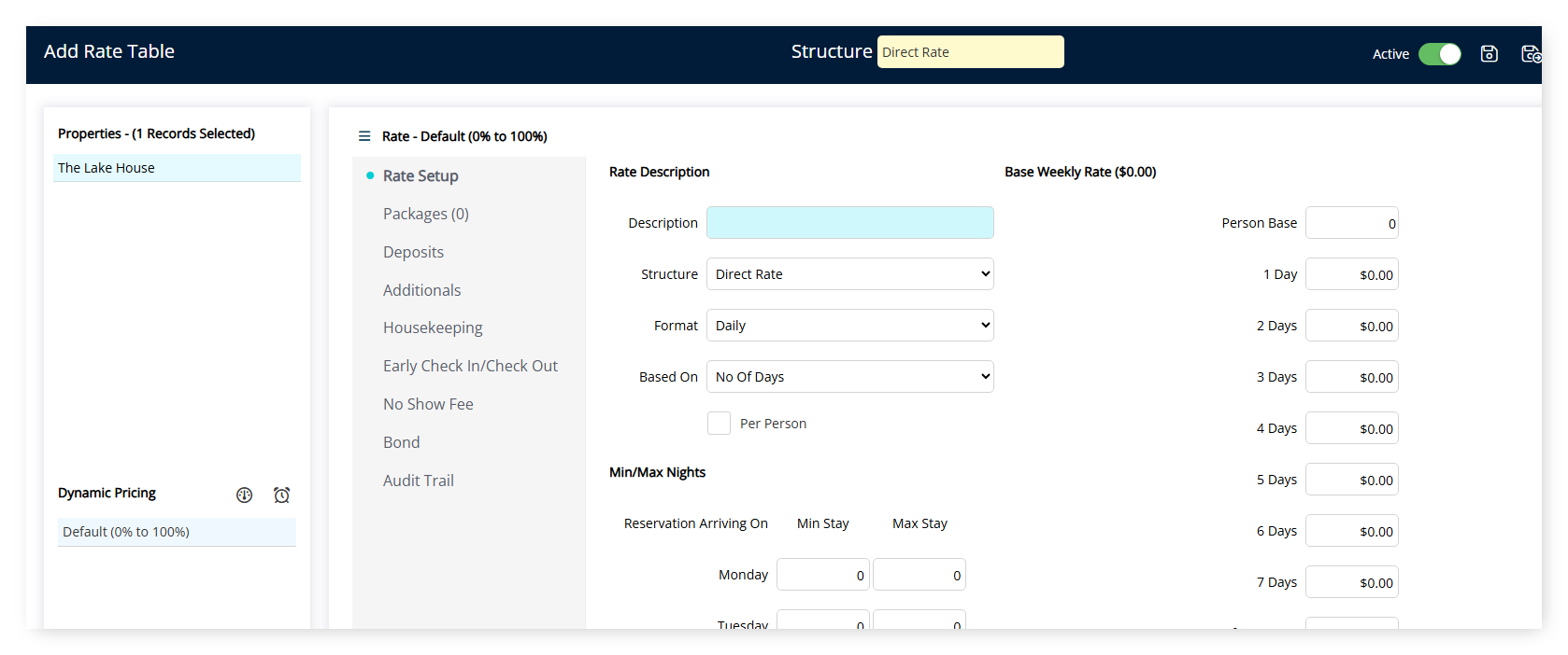 Screenshot of the Add Rate Table form in RMS showing Structure set to Direct Rate, Format set to Daily, Based On set to No Of Days, and the resulting price grid with fields for 1 Day through 7 Days
