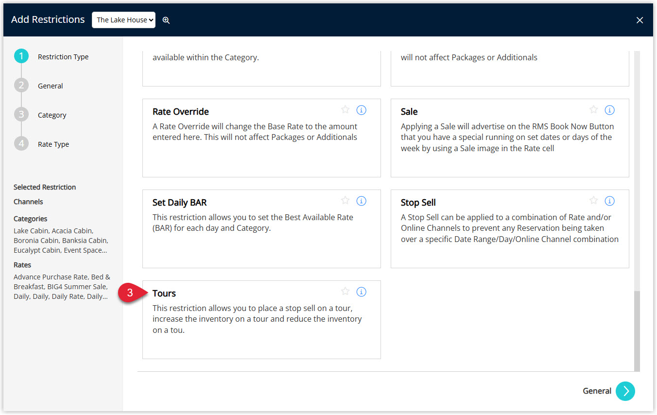 Annotated screenshot of the Add Restrictions screen in RMS highlighting the Tours restriction type