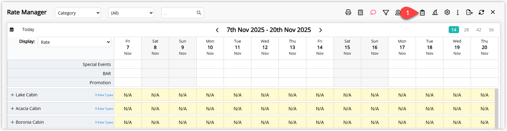 Annotated screenshot of the Rate Manager screen in RMS highlighting the icon that opens the Control Panel