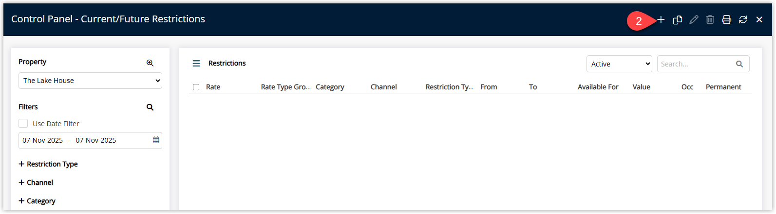Annotated screenshot of the Control Panel Current/Future Restrictions screen in RMS highlighting the add restriction icon