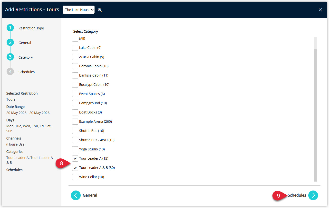 Annotated screenshot of the Add Restrictions Tours Category screen in RMS highlighting the selected tour categories and the Schedules button