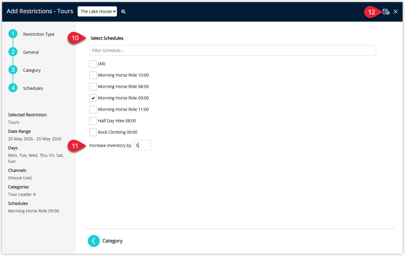 Annotated screenshot of the Add Restrictions Tours Schedules screen in RMS highlighting the schedule selection, the Increase inventory by field and the save icon