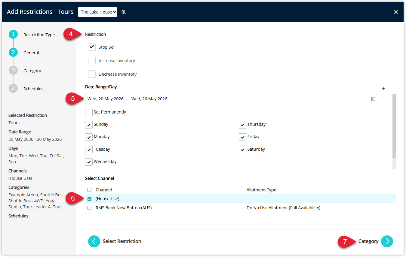 Annotated screenshot of the Add Restrictions Tours General screen in RMS highlighting the Restriction options, date range, channel selection and the Category button
