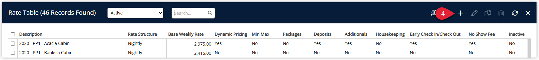 Annotated screenshot of the Rate Table list in RMS showing active rate tables with columns for Description, Rate Structure, Base Weekly Rate, Dynamic Pricing, and other options, with the Add button highlighted