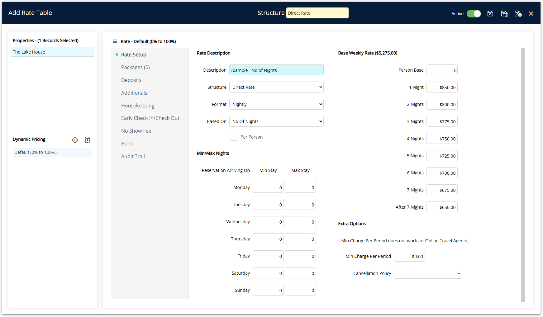 Screenshot of the Add Rate Table screen in RMS showing the complete No Of Nights rate setup with nightly rate amounts decreasing from $850.00 for 1 night to $650.00 for stays after 7 nights